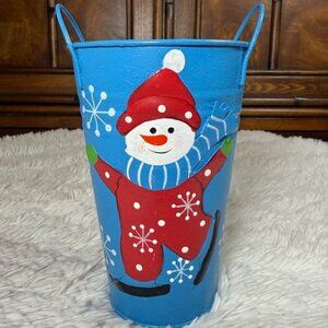 Vintage Blue Metal Snowman and Snowflakes Tall Handled Painted Pail